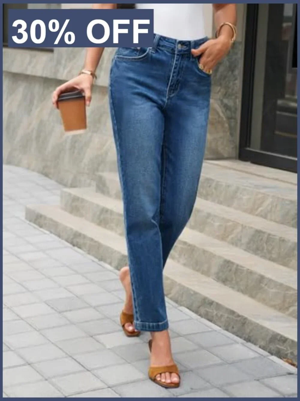 High Waisted Straight Leg Jeans Stretchy Denim Pants Tapered Petite - Picture 6 of 7